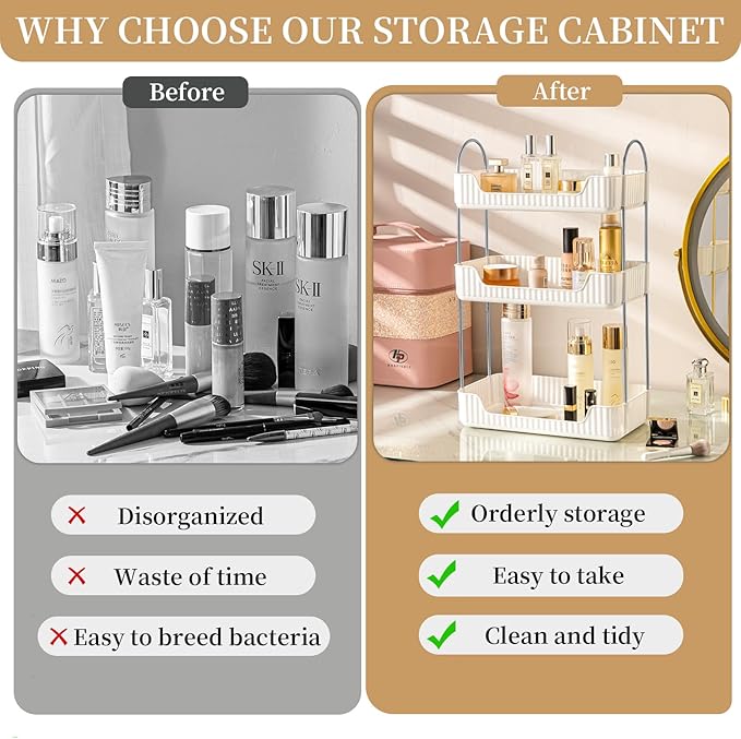 Shuang Qing Bathroom Counter Cosmetic Organizer, 3 Tier-Cream White, Alloy Steel & PET Plastic, Rectangular, Tiered, Perfect for Toiletries & Cosmetics