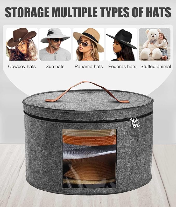 Hat Box, Travel Hat Storage Box, Foldable Space-saving Hats Boxes Organizer for Men & Women Storage, Stackable Hats Carrier Case for Round Brim, Cowboy, Panama, Tweed Caps - Grey