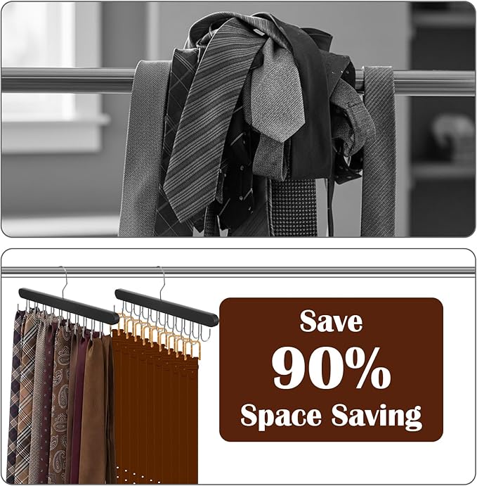 4 Pack Tie Rack and Belt Hanger 2 in 1, Wooden Tie Organizer for Closet with 20 Foldable Hooks, Space Saving Necktie Holder and Belt Organizer, Black