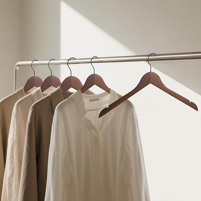 Premium Wooden Top Hangers, Heavy Duty Solid Wood Suit Hangers with 360° Swivel Hook & Anti-Slip Notches, Durable Clothes Hangers for Jackets, Coats, Shirts & Dresses(Walnut/24-Pack)