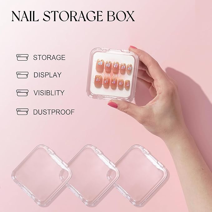 Qsnidy 9 Pcs Press On Nail Storage Box, Transparent Acrylic Fake Nail Case with 9 Display Cards and 2 Sheets of Double-Sided Adhesive Tape (20 Strips) for Nail Art Home Salon Packaging Use