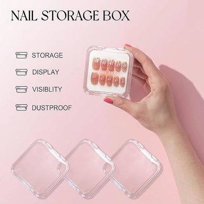 Qsnidy 9 Pcs Press On Nail Storage Box, Transparent Acrylic Fake Nail Case with 9 Display Cards and 2 Sheets of Double-Sided Adhesive Tape (20 Strips) for Nail Art Home Salon Packaging Use