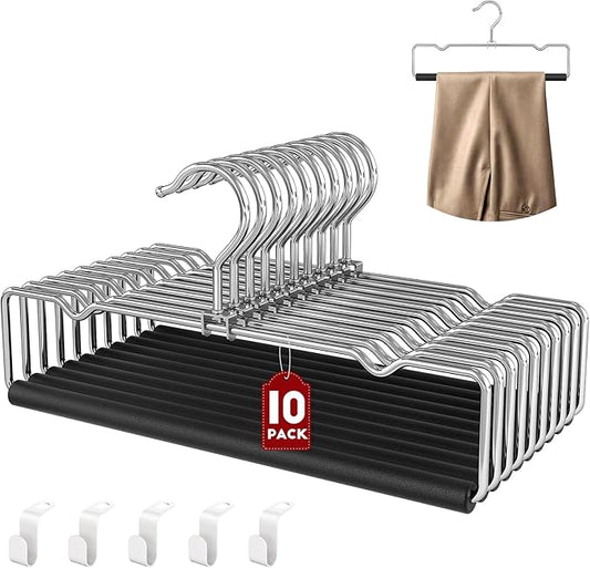 DOIOWN Pants Hangers Space Saving,10 Pack Non Slip Metal Pant Hangers with Foam Padding,Compact Closet Organizers and Storage Jean Hanger for Closet, Holding Pants, Jeans, Skirts,Scarves