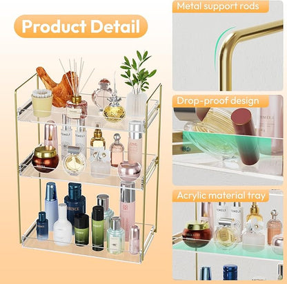 Bathroom Countertop Organizer, 3 Tier Acrylic Tray Vanity Counter Skincare Organizer Shelf, Kitchen Under Sink Standing Rack, Home Storage Holder for Lotion Makeup Cosmetics Perfume Spice, Gold | Vanity Counter, Kitchen Under Sink, Home Storage Holder,...
