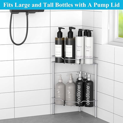 HuggieGems 2 Tier Floor Standing Corner Shower Caddy Organizer Shelf with Hooks, Bathroom Shelves Stand Rack, Silver