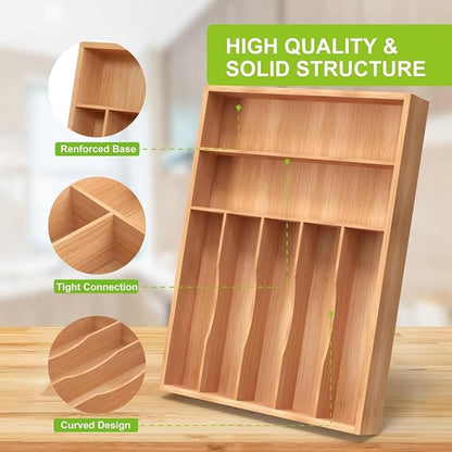 Unibambou Bamboo Utensil Drawer Organizer, Silverware Tray Organizer, Kitchen Drawer Organizer for Flatware Cutlery, Silverware Tray for Drawer (Natural, Large 16.5x12.5 Inch)