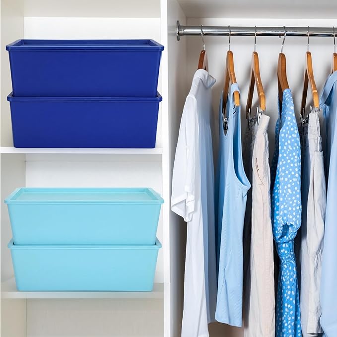 Menkxi 4 Pcs Storage Bins with Lids Plastic Stackable Containers for Organizing Shelves Christmas Ornament Box Baskets(Dark Blue, Light Blue,Large)