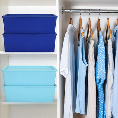 Menkxi 4 Pcs Storage Bins with Lids Plastic Stackable Containers for Organizing Shelves Christmas Ornament Box Baskets(Dark Blue, Light Blue,Large)