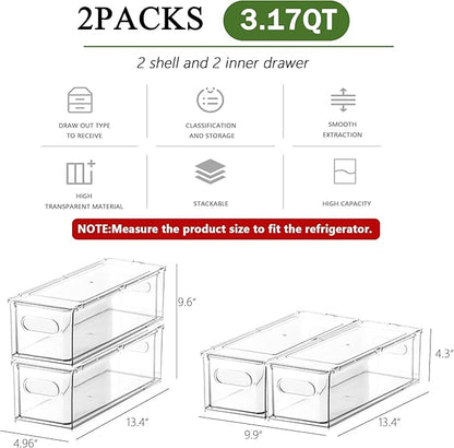 bealy 2 Pack Refrigerator Organizers and Storage, Stackable Clear Pull out Drawer Organizer Bins, BPA-Free Fridge Organizer and Storage for Fruit, Produce, Drink, Snack and Food Storage Containers