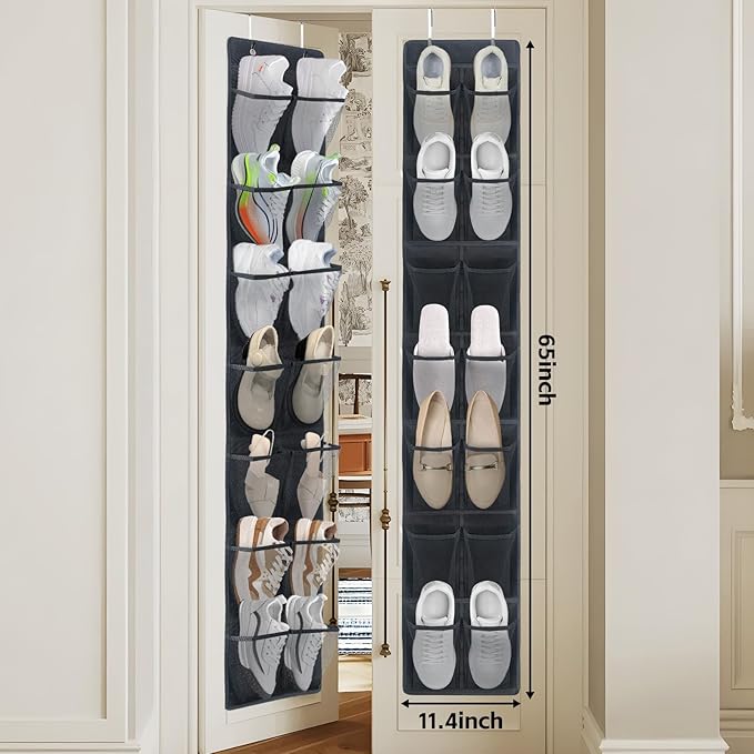PVWSG Over The Door Shoe Organizer, 14 Large Mesh Pockets Hanging Shoe Rack for Closet Organizers and Storage, 2-pack (black)