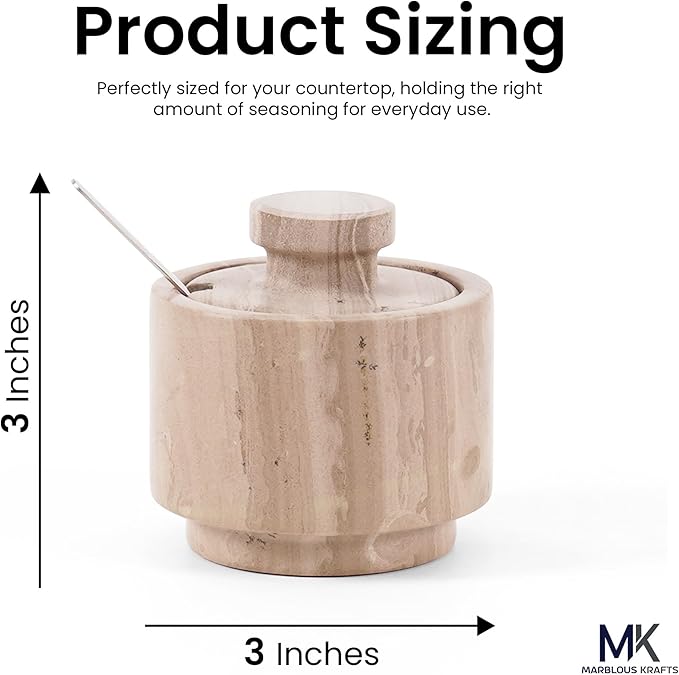 MARBLOUS KRAFTS Marble Salt Cellar with Lid & Spoon 3" Brown Small Flaky Salt Box and Sugar Jar for Spice Storage on Countertop, Kitchen Seasoning Container, Ideal Mother’s Day Gift for Mom
