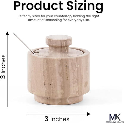 MARBLOUS KRAFTS Marble Salt Cellar with Lid & Spoon 3" Brown Small Flaky Salt Box and Sugar Jar for Spice Storage on Countertop, Kitchen Seasoning Container, Ideal Mother’s Day Gift for Mom