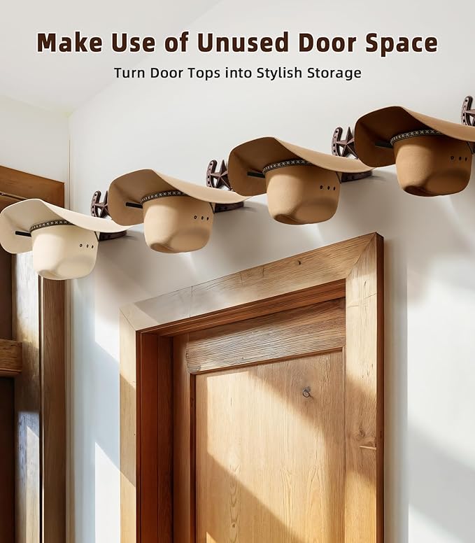 Cowboy Hat Rack Wall Mount,Cowboy Hat Holder for Wall,Western Home Decor,Hat Organizer for Caps,Rustic Horseshoe Star Metal Hat Hanger for Closet Horse Trailer Entryway Bedroom,4 Pack,Bronze