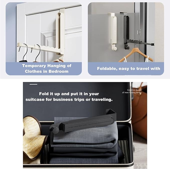 Over The Door Hooks Hanger with Retractable Rod,Foldable Wall Mounted Drying Rack Clothing,with Towel Racks for Coat Clothes Laundry Bathroom Bedroom Travel Hangers (1pcs Hooks+2pcs Foldable hanger)