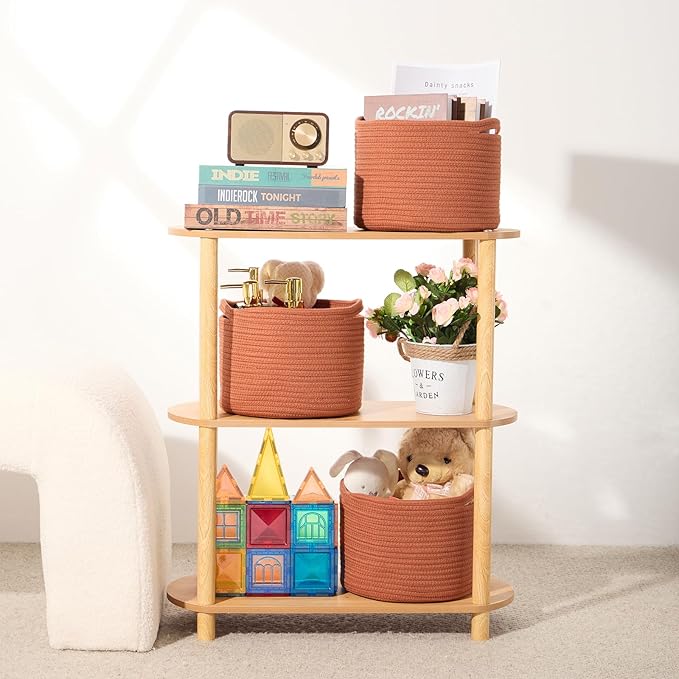 MiniArk Small Basket for Organizing | Cube Shelf Closet Storage Baskets | 9.7×9.7×7.1” | Woven Rope Gift Basket | Nursery | Round 3 Packs Oxide Red