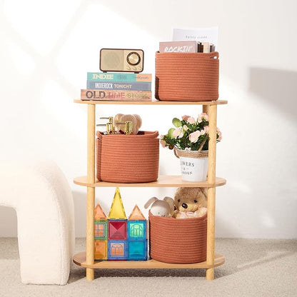 MiniArk Small Basket for Organizing | Cube Shelf Closet Storage Baskets | 9.7×9.7×7.1” | Woven Rope Gift Basket | Nursery | Round 3 Packs Oxide Red