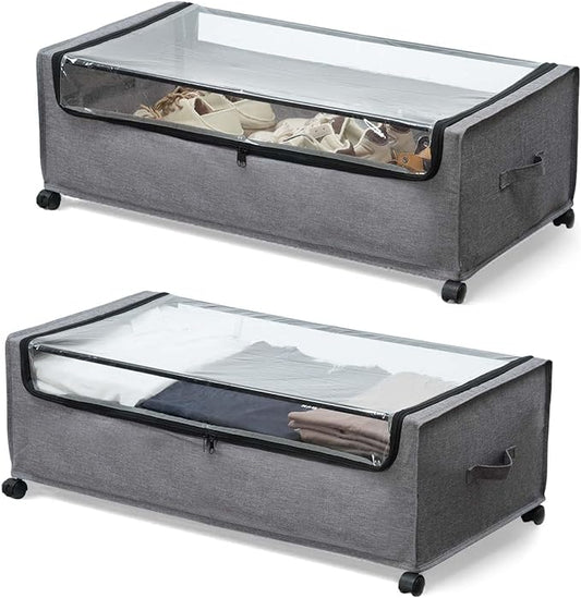 FOUCSSOMEI Under Bed Storage with Wheels, Rolling Under bed Storage with Metal Frame, Under Bed Shoe Storage for Space Saving, Zippered Clear Lid, Heavy-Duty Steel Base for Clothes