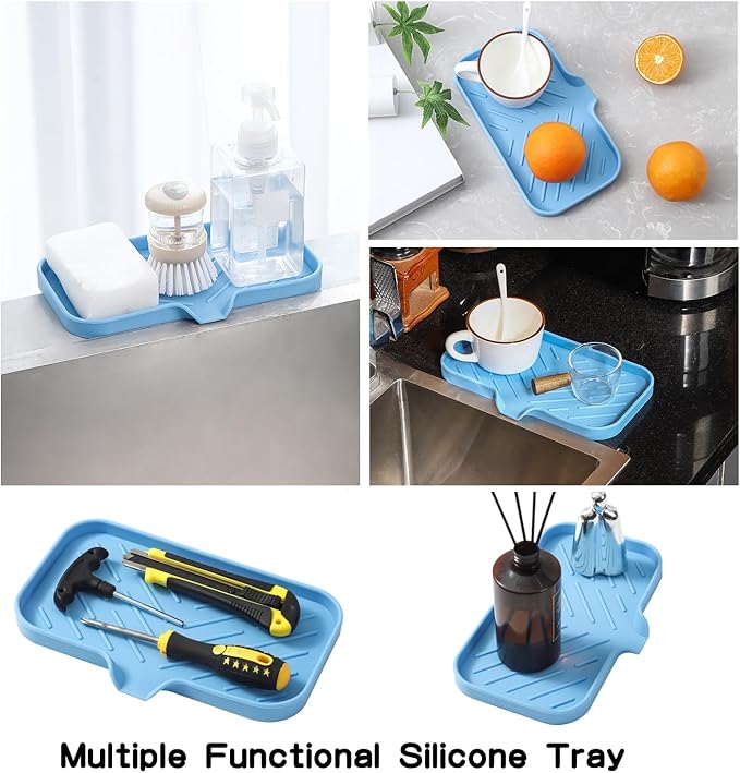 MicoYang Silicone Bathroom Soap Dishes with Drain Spout-Bathroom and Kitchen Sink Organizer,Sponge Holder,Dish Soap Tray,Perfect for Dispenser,Scrubber,Bottle on Sink or Counter-Light Blue 9.6"×5.3"
