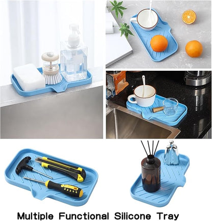 MicoYang Silicone Bathroom Soap Dishes with Drain Spout-Bathroom and Kitchen Sink Organizer,Sponge Holder,Dish Soap Tray,Perfect for Dispenser,Scrubber,Bottle on Sink or Counter-Light Blue 9.6"×5.3"