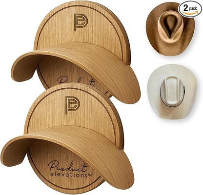 Hat Hooks for Wall Set of 2 – Cowboy Hat Hanger for Fedoras, Caps & Wide Brim Hats – Wooden Curved Rack Preserve Hat Shape – Wall-Mounted Cap Holder for Door & Closet