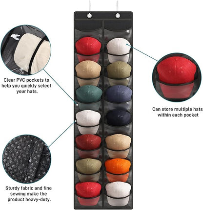 Fixwal Hat Organizer for Baseball Caps, 16 Pocket Over The Door Hat Rack For Storage Closet Wall, Cap Holder Hanger with Large Clear Pockets & 2 Hooks, Hat Storage to Protect and Display, Black