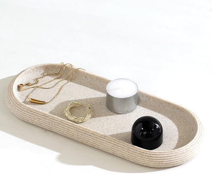 Jewelry Tray Bathtub, Resin Stone Look Decorative Perfume Tray, Bathroom Marble Vanity Organizer Plate Holder for Ring Soap Towel Small Things on Kitchen Sink Countertop (Beige, Medium)