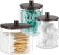 3 Pack Glass Qtip Holder Dispenser- 10 oz Clear Canister Apothecary Jar, Bathroom Vanity Storage Organizer Set for Cotton Swabs, Pads, Floss Picks, Small Containers for Makeup Storage (Brown)