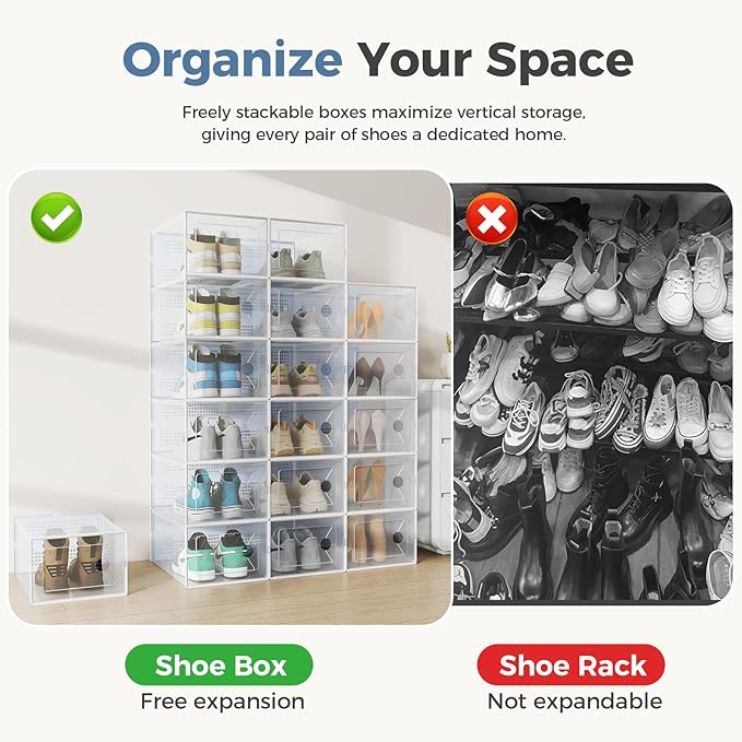 DUMOS Shoe Storage Boxes, 15-Pack Stackable Clear Shoe Containers with Lids, Display Sneaker Case Organizer for Closet, Under Bed, Entryway,White, Fit Size 9