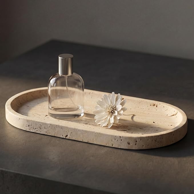 YKAJO Oval Real Marble Tray for Bathroom Kitchen Counter Stone Decorative Vanity Tray for Dresser Perfume Heavy Catchall Organizer for Soap Jewelry (Natural Travertine Beige, 11.8" x 5.9")