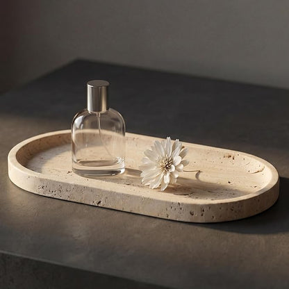YKAJO Oval Real Marble Tray for Bathroom Kitchen Counter Stone Decorative Vanity Tray for Dresser Perfume Heavy Catchall Organizer for Soap Jewelry (Natural Travertine Beige, 11.8" x 5.9")