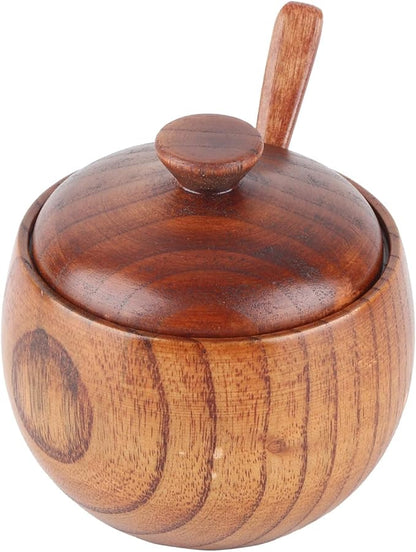 2Pcs Wood Spice Box, Salt Cellar with Lid and Spoon Salt Box Spice Jar Sugar Bowl Pepper Seasoning Container Holder