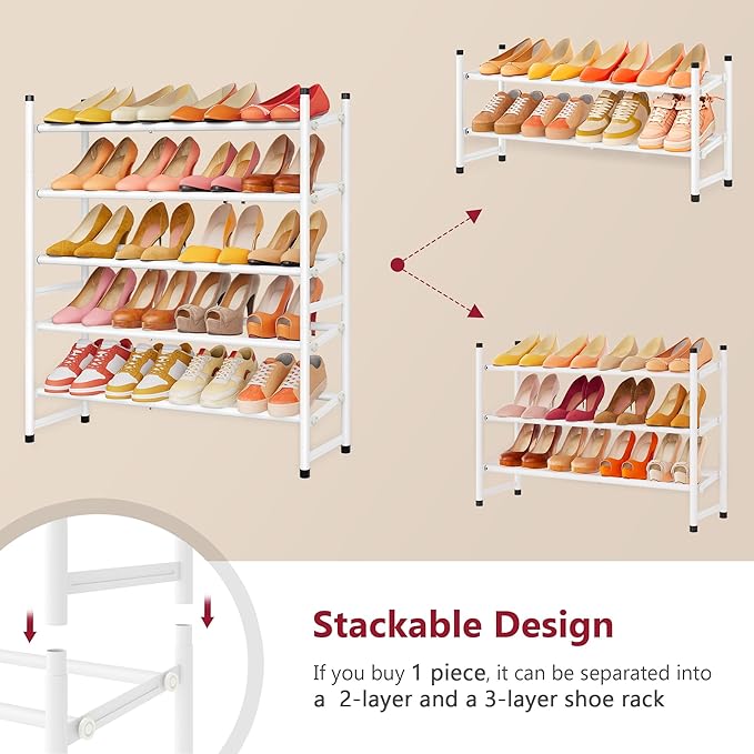 Tajsoon Expandable Shoe Rack for Closet 5 Tier, 29“-41“Adjustable & Stackable Shoe Shelf Storage, Metal Shoe Rack Organizer for Front Door Entrance, Closet, Garage, Entryway, White