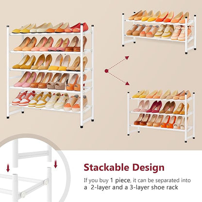 Tajsoon Expandable Shoe Rack for Closet 5 Tier, 29“-41“Adjustable & Stackable Shoe Shelf Storage, Metal Shoe Rack Organizer for Front Door Entrance, Closet, Garage, Entryway, White