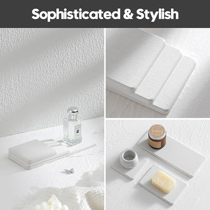2PCS Beige Bathroom Sink Vanity Trays, Water Absorbing Diatomite Stone Drying Soap Dish Dispenser for Kitchen Counter, Sponge Holder Mat Rack Faucet Splash Guard Caddy Organizer, 9"x3.5"