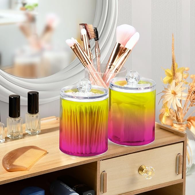 Yellow Ivory Pink Qtip Dispenser Apothecary Jars Bathroom Qtip Holder Storage Canister Plastic Jar 10 Oz for Cotton Ball Swab Round Pads Floss 2pcs