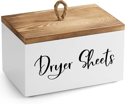 Wood Dryer Sheet Holder - Laundry Sheets Container with Lid - Farmhouse Laundry Room Organization and Storage for Laundry Room Decor and Accessories - Fabric Sheet Dispenser, White