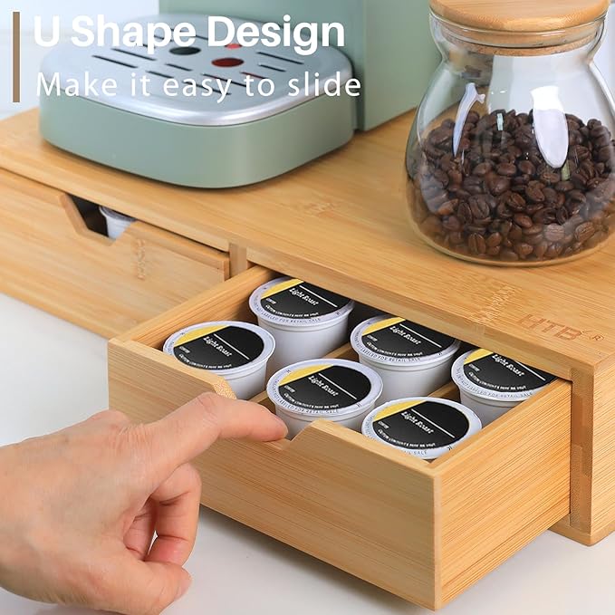 HTB K Cup Coffee Pod Holder, Drawer Type K Cup Organizer Storage, Compatible with K-Cup Pods, Space-Saving Coffee Capsule Drawer- Bamboo Double Drawer Holds Up 30 Cups