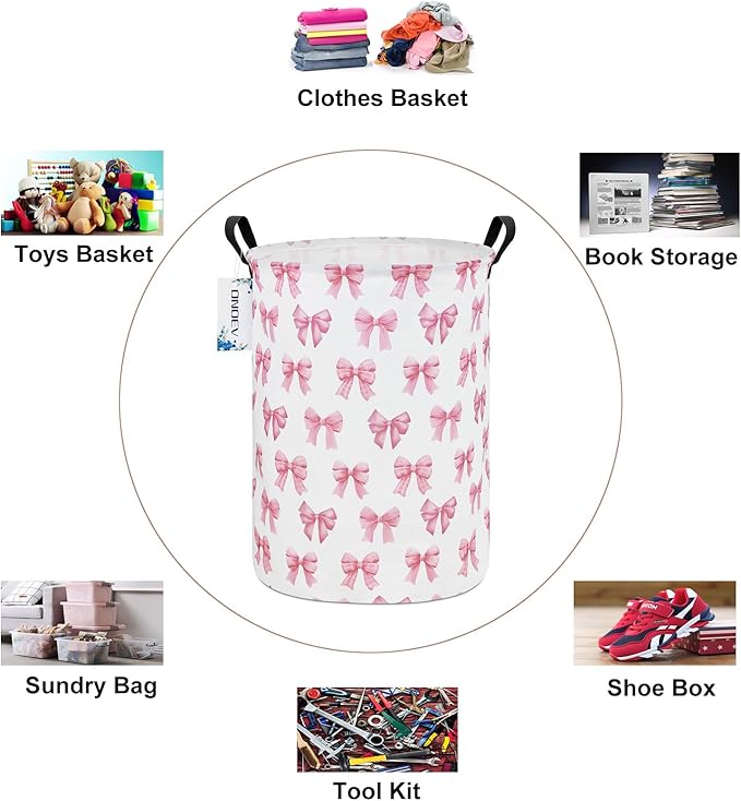 Kids Laundry Hamper,Pink Bow Themed Laundry Basket for Girls,Cute Coquette Aesthetic Collapsible Fabric Organizer with Handles for Bedroom Nursery Playroom