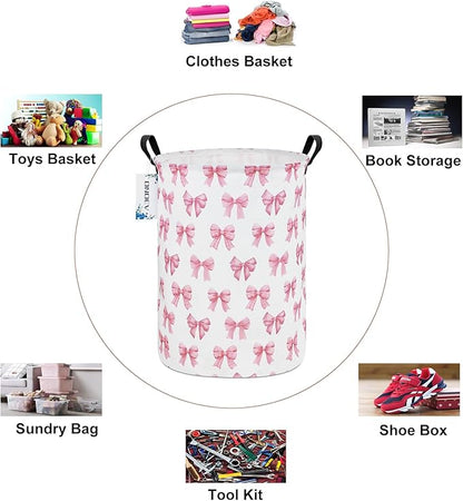 Kids Laundry Hamper,Pink Bow Themed Laundry Basket for Girls,Cute Coquette Aesthetic Collapsible Fabric Organizer with Handles for Bedroom Nursery Playroom