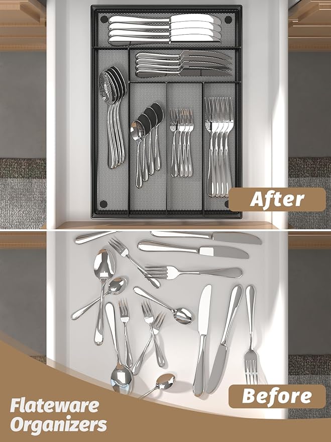 Sedegn Silverware Organizer Metal Mesh, Large Drawer Organizer, Utensil Cutlery Tray for kitchen drawers, Flatware Organizer with 6 Compartment, Black (11.3”*16“)