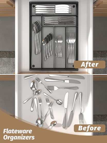 Sedegn Silverware Organizer Metal Mesh, Large Drawer Organizer, Utensil Cutlery Tray for kitchen drawers, Flatware Organizer with 6 Compartment, Black (11.3”*16“)
