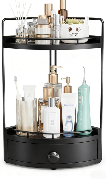 2-Tier Corner Bathroom Counter Organizer with Drawer & Embedded Screw Holes - Wooden Countertop Organizers for Skincare, Makeup Storage, Bathroom Sink Counter Shelf for Vanity, Kitchen, Black