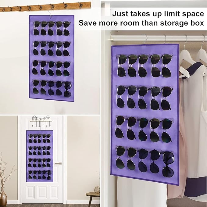 Dual Sided Hanging Sunglasses Organizer Wall Mounted Glasses Rack Storage Eyeglasses Holder Eyewear Display Case with 40 Slots (40 Slots-Purple)