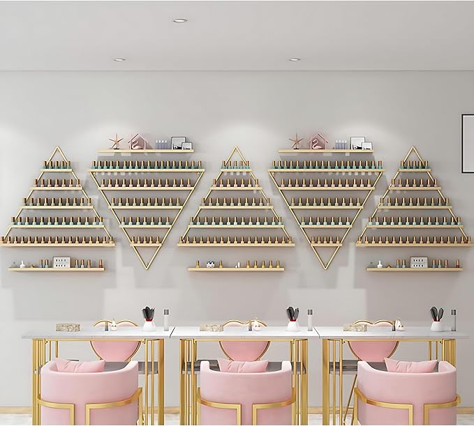 Wall-Mounted Polish Rack, Set of 10 Triangular Gold Nail Polish Shelf, Lipstick Perfume Cosmetic Display for Home Spa Salon Shop