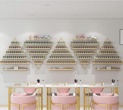 Wall-Mounted Polish Rack, Set of 10 Triangular Gold Nail Polish Shelf, Lipstick Perfume Cosmetic Display for Home Spa Salon Shop