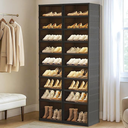 SYNCVIBE Shoe Rack Organizer for Closet Entryway Foldable Sneaker Storage Shoe, Collapsible Shoe Cabinet, Stackable Shoe Storage Cabinet with Lids for Living Room (9 Tiers -36 Pairs Black)