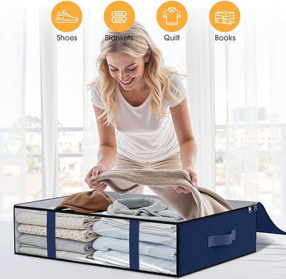 StorageRight Under Bed Storage Bags 8 Pack, 40L Large Clothes & Comforter Storage Containers with Clear Window, Breathable Fabric Organizer for Blankets, Bedding, Seasonal Clothing, Blue