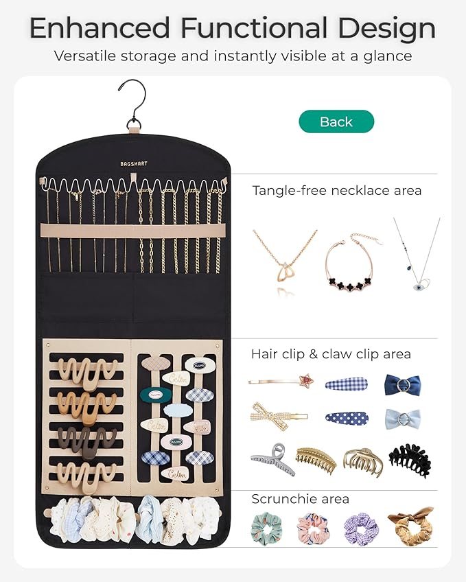 BAGSMART Hanging Jewelry Organizer Claw Clip Necklace Holder Roll for Hair Ties, Headbands, Clips, Earrings, Necklaces, Glasses Double-Sided on Closet, Wall, Door, 1 piece, Large-Black