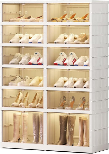 EHAMILY 6 Tier Foldable Shoe Rack Organizer for Closet 12-24Pairs Plastic Collapsible Shoe Shelf for front door entrance Stackable Clear Folding Shoes Storage Boxes XLarge Shoe Cabinet