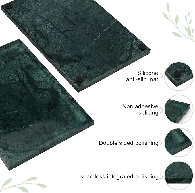 Real Luxurious Natural Marble Tray - 12x8 Inch Marble Vanity Tray for Perfume Display, Jewelry Organizer, Bathroom & Home Decor -Heavy Duty Non-Slip Stone Tray (Non-Resin/Non-Ceramic)（Green）